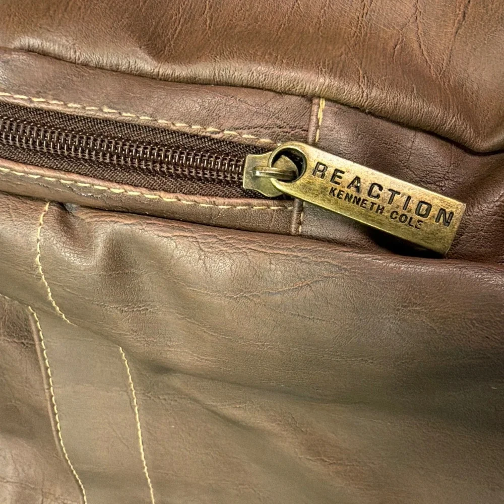 VTG Kenneth Cole Reaction Brown Faux Leather Crossbody Messenger Bag MultiPocket